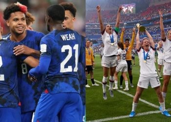 USMNT celebrating their World Cup win against Iran (left) and USWNT celebrating their World Cup win in 2019 (right) Credits: Google)
