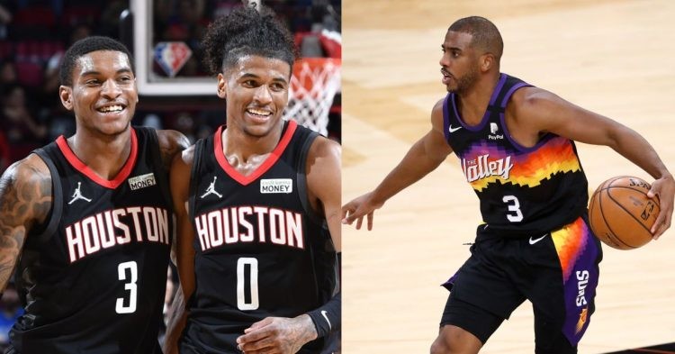 Phoenix Suns' Chris Paul and Houston Rockets' Jalen Green and Kevin Porter Jr on the court