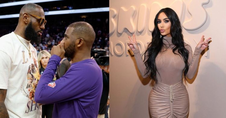 LeBron James and Chris Paul courtside and Kim Kardashian posing for a photo