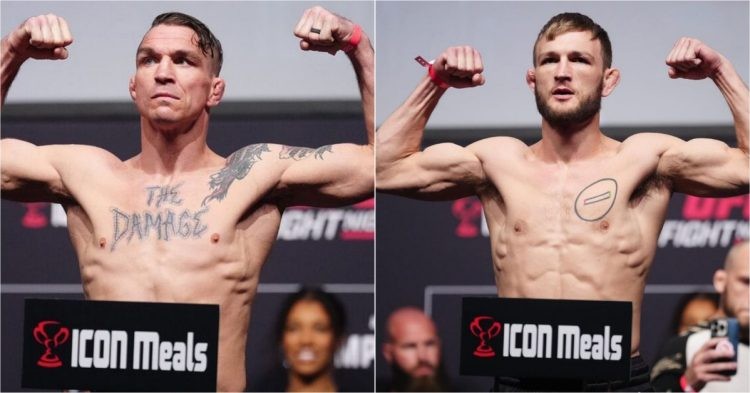 Darren Elkins (left) and Jonathan Pearce (right) weigh in for UFC Orlando
