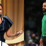 Former Boston Celtics coach Ime Udoka on the court and his Nia Long in an interview