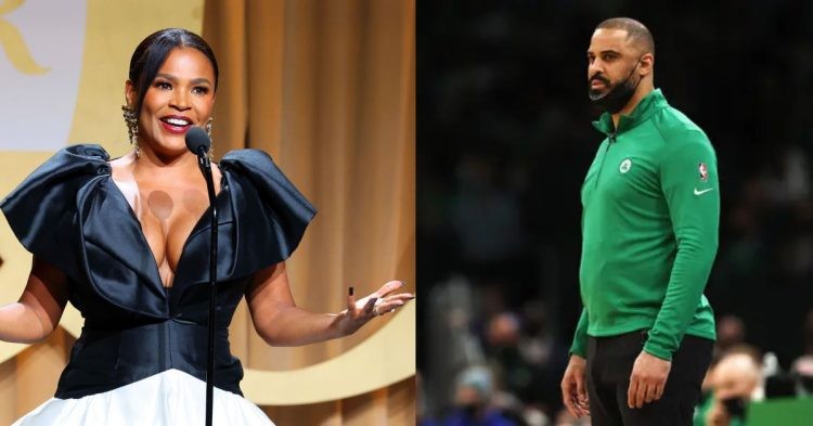 Former Boston Celtics coach Ime Udoka on the court and his Nia Long in an interview
