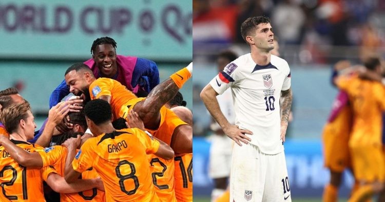 FIFA World Cup Netherlands celebrating after winning against USMNT (left) Christian Pulisic distraught (right) (Credits: Twitter)