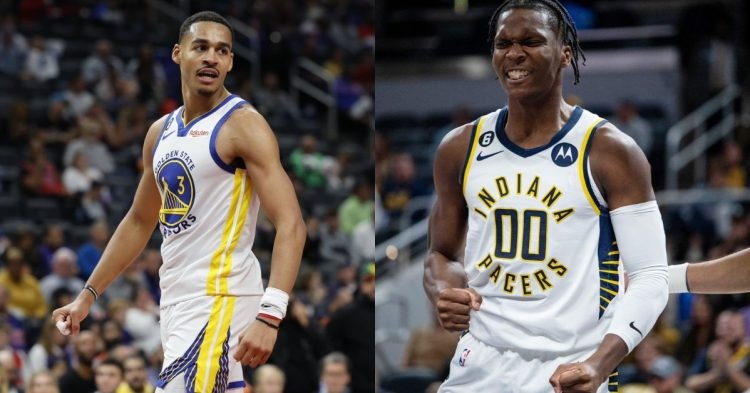 Golden State Warriors' Jordan Poole and Indiana Pacers' Benedict Mathurin