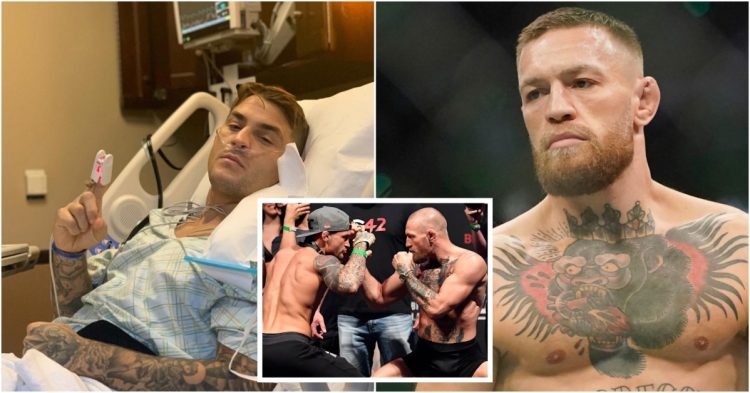 Dustin Poirier after his 2019 hip surgery (left) and Conor McGregor (right)