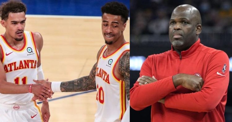 Atlanta Hawks coach Nate McMillan and Trae Young with John Collins on the court