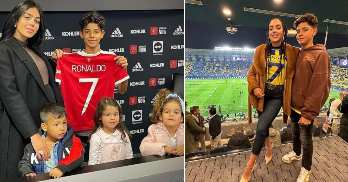 Georgina Rodriguez with Cristiano Ronaldo Jr. as he signs for Manchester United (L) Rodriguez and Jr. watch an Al-Nassr match (R)