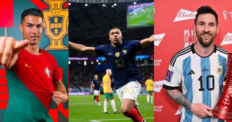 Cristiano Ronaldo, Kylian Mbappe, and Lionel Messi in World Cup