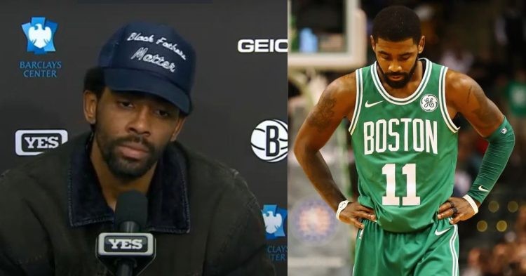 Kyrie Irving with the Boston Celtics and being interviewed
