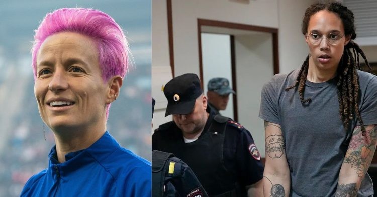 Megan Rapinoe (left) Brittney Griner pictured in a Russian prison (right)