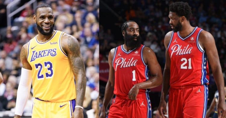 Los Angeles Lakers' LeBron James and Philadelphia 76ers' James Harden and Joel Embiid on the court