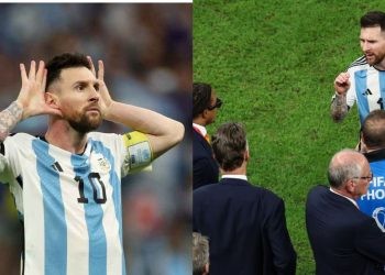 Lionel Messi celebrating in front of and then gesturing to Louis van Gaal