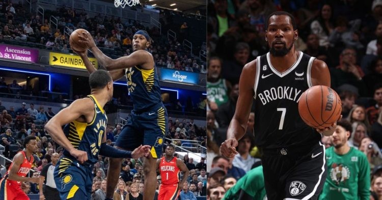 Brooklyn Nets' Kevin Durant and Indiana Pacers' Myles Turner and Tyrese Haliburton on the court