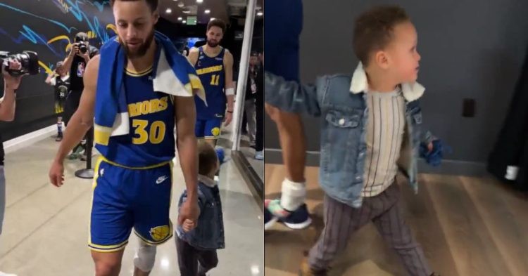 Stephen Curry with his son Canon Curry, and Klay Thompson