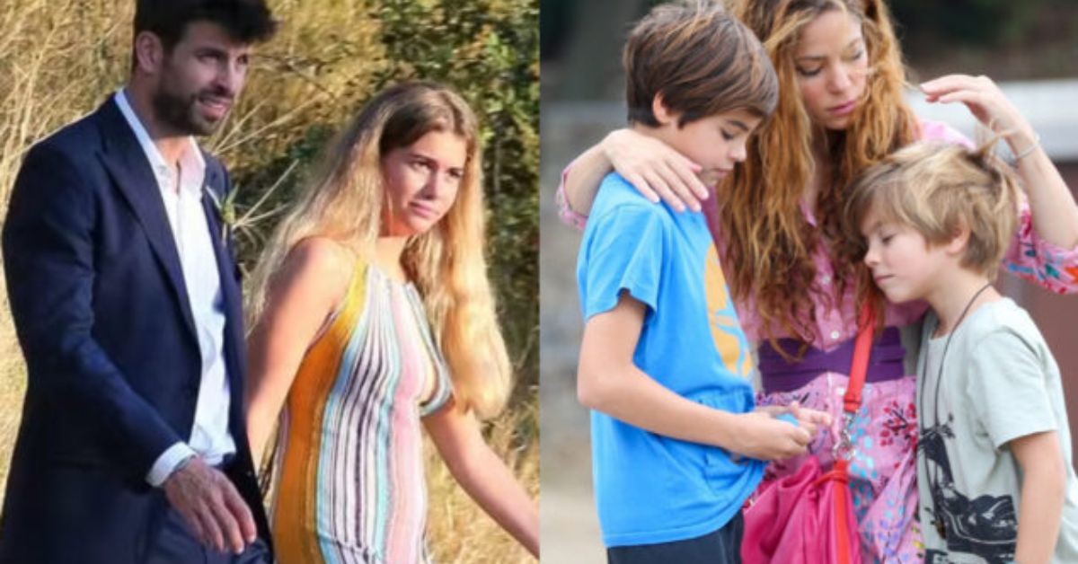 Gerard Pique and Clara Chia Marti together (left) Shakira with her kids, Sasha and Milan (right)