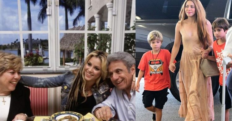 Shakira with her parents (L) and Shakira with her children (R).