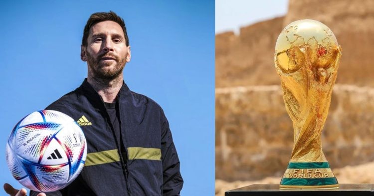 Lionel Messi poses with 'Al Rihla', the official match ball for the FIFA World Cup 2022