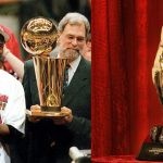 Michael Jordan and Phil Jackson celebrating and the new NBA MVP trophy designed after MJ