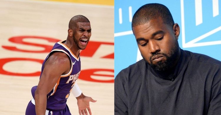 Kanye West looking down and Chris Paul on the court