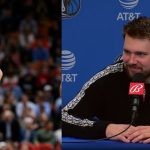 Luka Doncic in an interview and JB DeRosa on the court