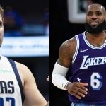 Los Angeles Lakers' LeBron James and Dallas Mavericks' Luka Doncic on the court