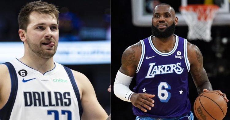 Los Angeles Lakers' LeBron James and Dallas Mavericks' Luka Doncic on the court