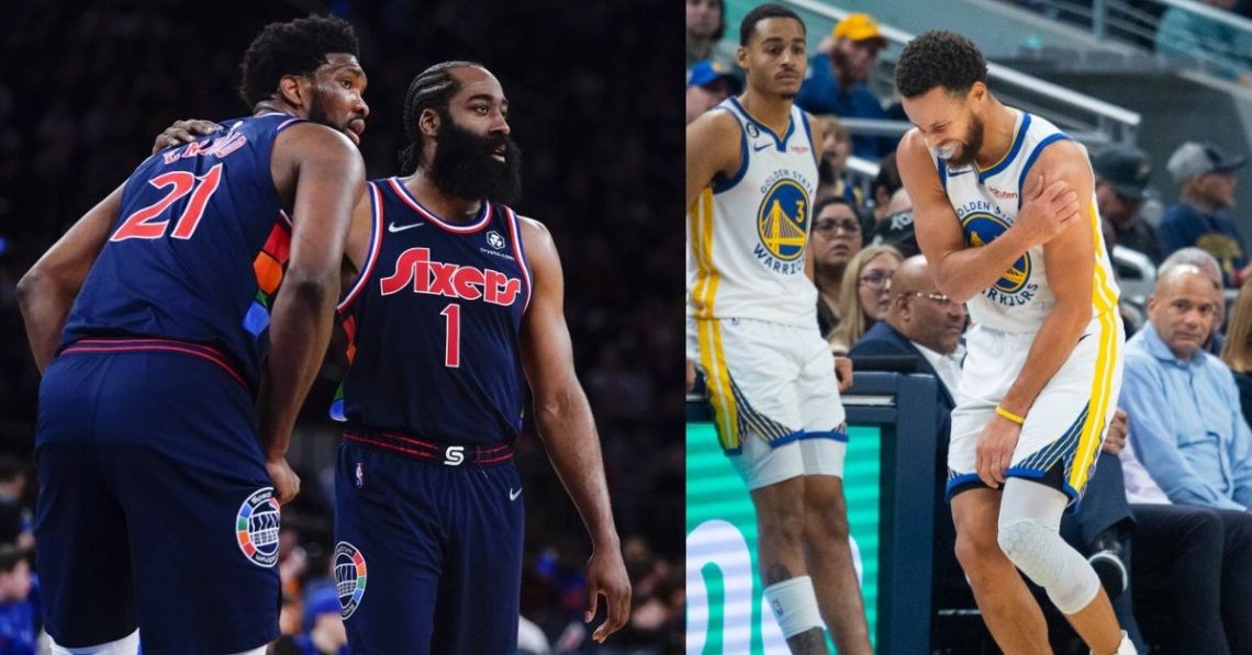 Golden State Warriors' Stephen Curry injured next to Jordan Poole and Philadelphia 76ers' James Harden and Joel Embiid on the court
