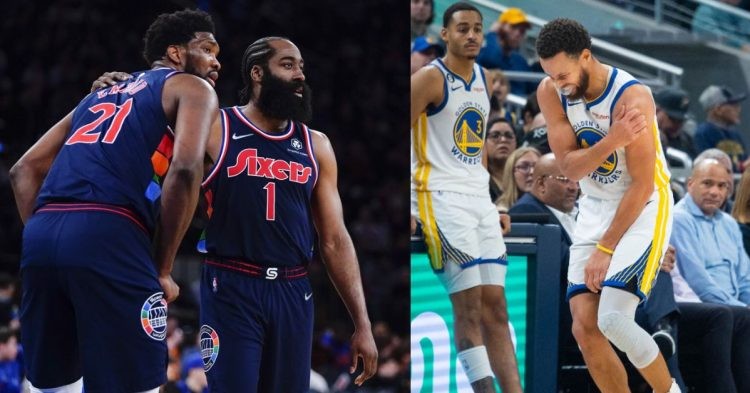 Golden State Warriors' Stephen Curry injured next to Jordan Poole and Philadelphia 76ers' James Harden and Joel Embiid on the court