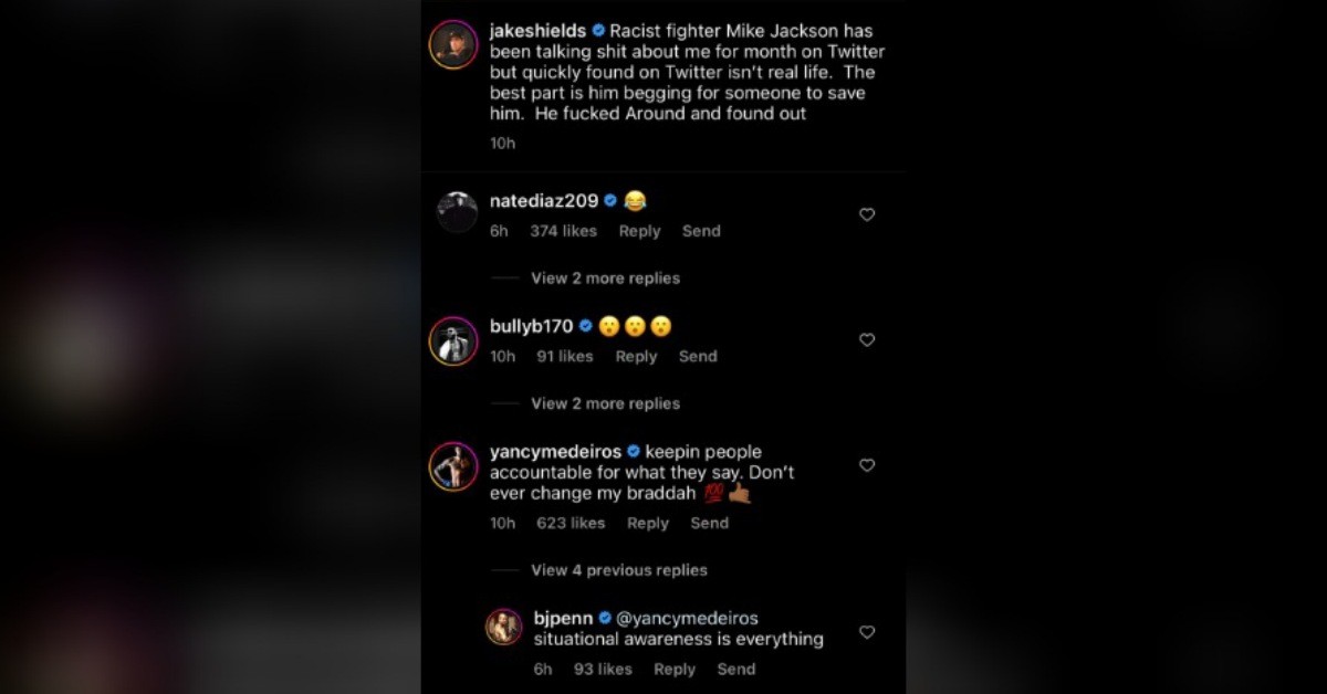 Instagram screenshot of Nate Diaz, Belal Muhammad and BJ Penn reacting