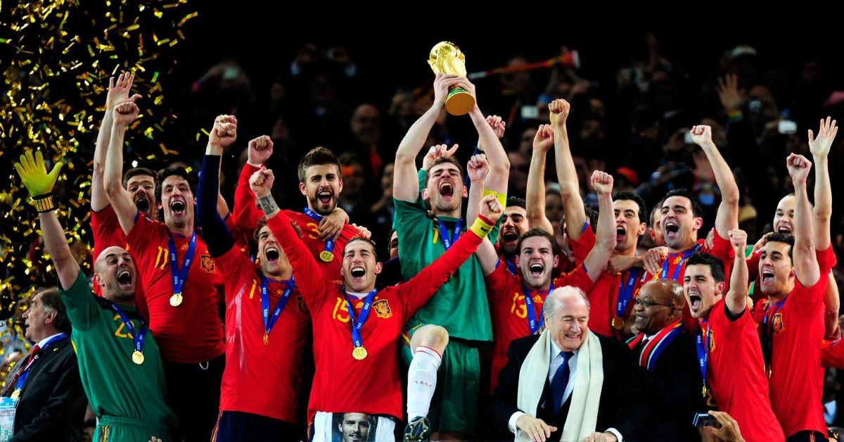 The Spanish team celebrates after winning the FIFA World Cup in 2010