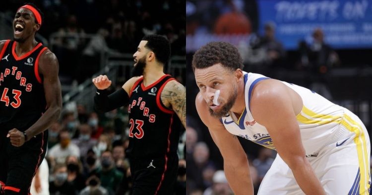 Toronto Raptors Pascal Siakam and Fred VanVleet and Golden State Warriors Stephen Curry