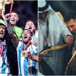 Lionel Messi Lifting the FIFA World Cup 2022 while wearing a bisht