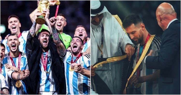 Lionel Messi Lifting the FIFA World Cup 2022 while wearing a bisht