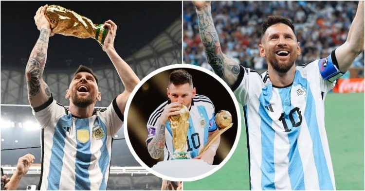 Lionel Messi kisses the World Cup trophy