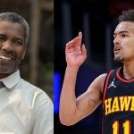 Trae Young on the court and Denzel Washington during an interview