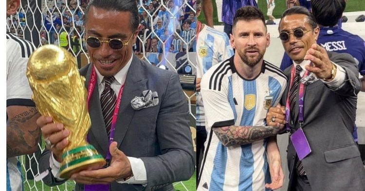 Salt Bae posing with the World Cup trophy and Lionel Messi