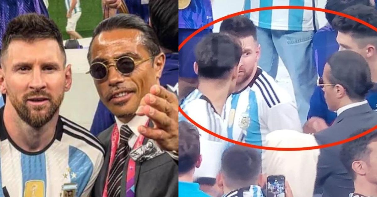 Salt Bae heckling Lionel Messi for a picture during Argentina's World Cup victory celebrations