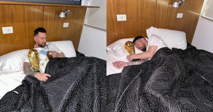 Lionel Messi sleeping with the World Cup trophy