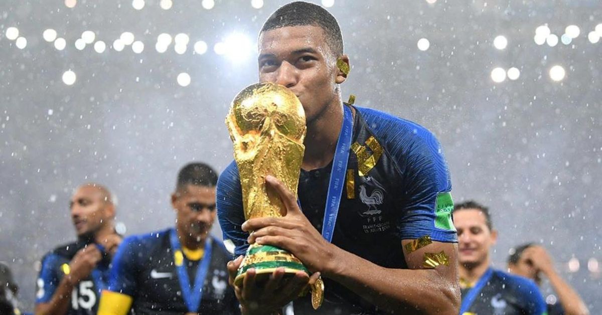 Kylian Mbappe celebrates after winning the FIFA World Cup in 2018