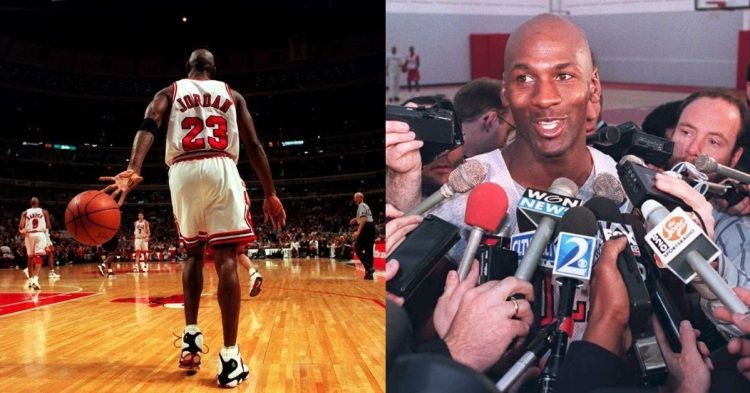 Michael Jordan on the court and being interviewed