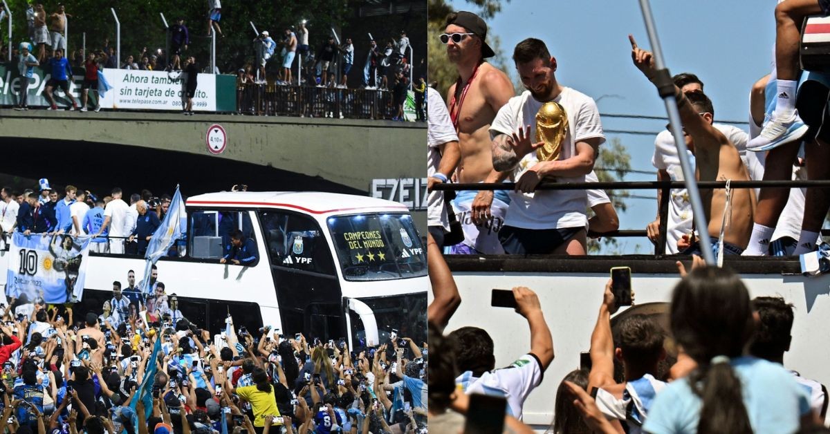 The Argentine team celebrate with their fans during the World Cup victory parade in Buenos Aires