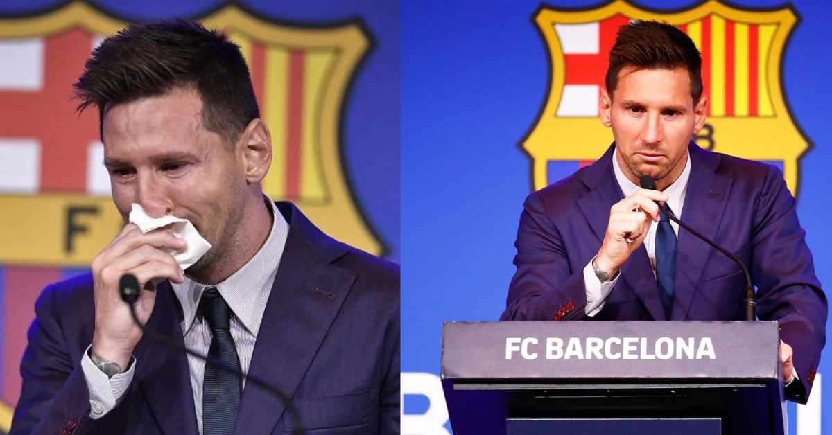A tearful Lionel Messi during his farewell press conference for FC Barcelona