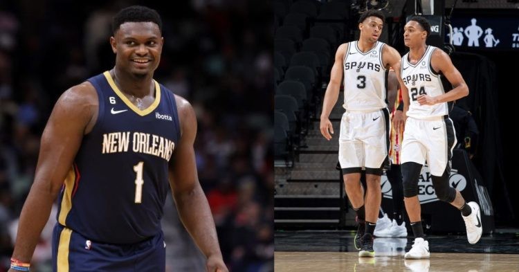 New Orleans Pelicans' Zion Williamson and San Antonio Spurs' Devin Vassell and Keldon Johnson on the court