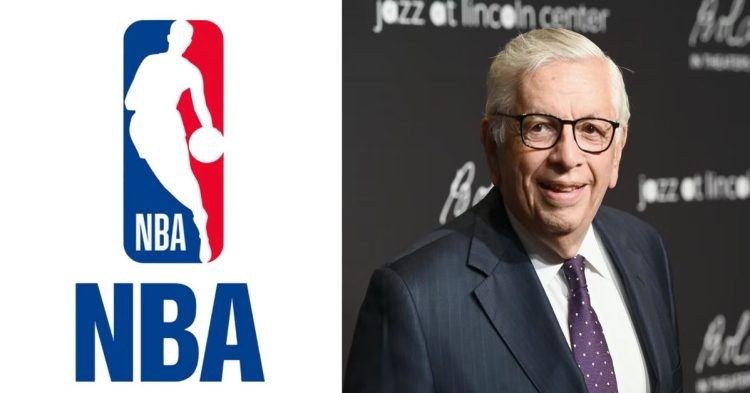 Former NBA commissioner David Stern in a suit and the NBA logo