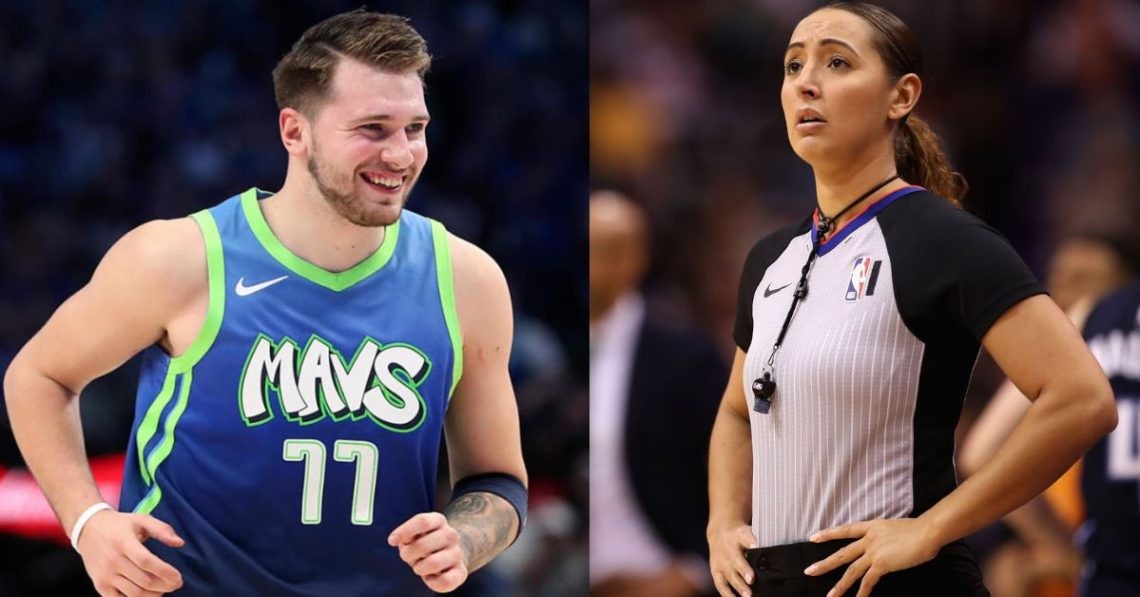 NBA referee Ashley Moyer-Gleich and Luka Doncic on the court
