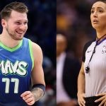 NBA referee Ashley Moyer-Gleich and Luka Doncic on the court