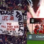 Manchester United fans carried a huge banner of 'Mickey Mouse Treble' to troll Liverpool