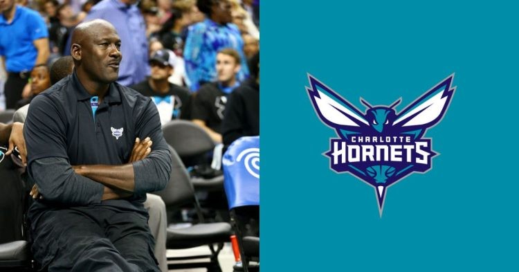 Michael Jordan sitting courtside and the Charlotte Hornets Logo