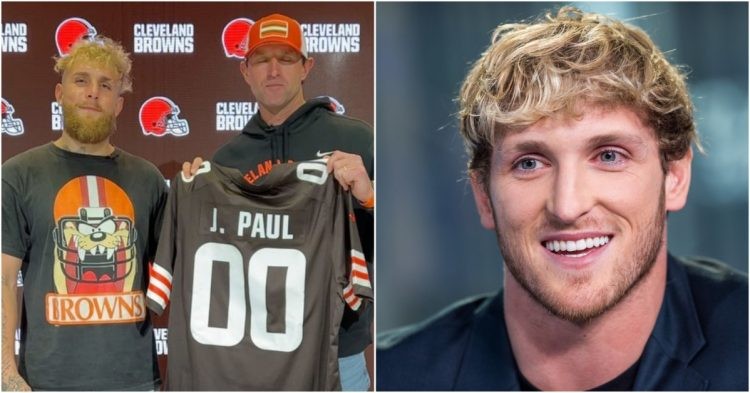 Jake Paul with the Cleveland Browns jersey (left) and Logan Paul (right)