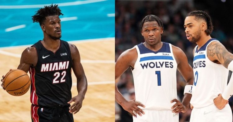 Miami Heat's Jimmy Butler and Minnesota Timberwolves Anthony Edwards and D'Angelo Russell (Credits- Canis Hoopus and SkySports)